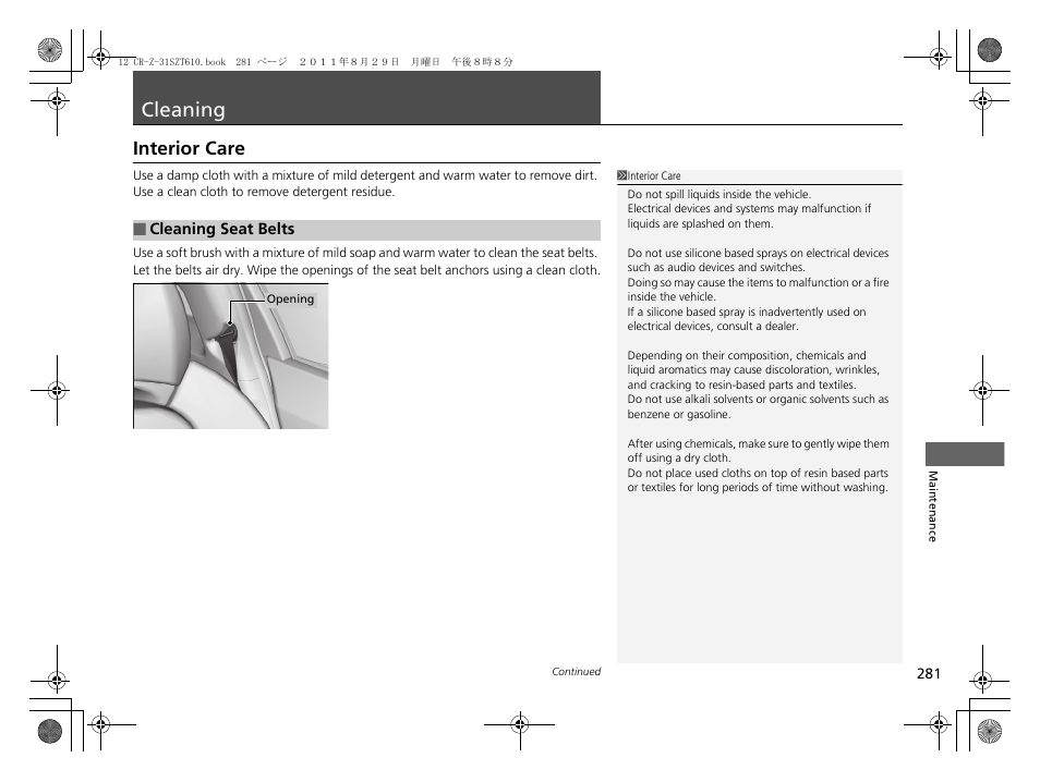 Cleaning p. 281, Cleaning, Interior care | HONDA 2012 CR-Z User Manual | Page 283 / 332