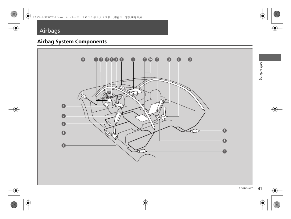 Airbags, P41), Airbag system components | HONDA 2012 CR-Z User Manual | Page 43 / 332