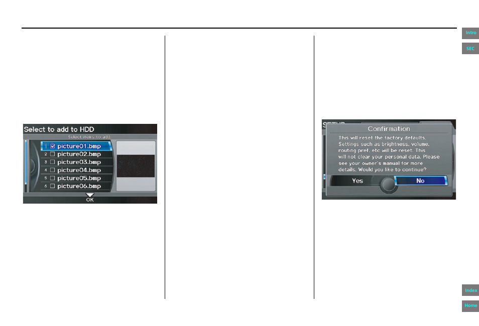 Reset factory default settings, Navigation system manual, System setup | HONDA 2013 Pilot Navigation User Manual | Page 117 / 178