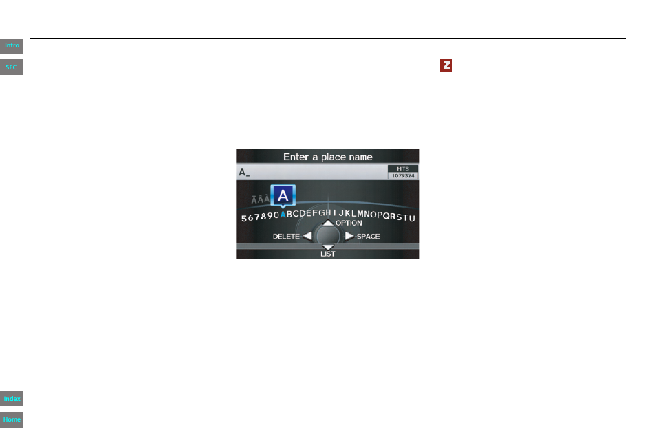 By place name, Navigation system manual, Entering a destination | HONDA 2013 Pilot Navigation User Manual | Page 36 / 178