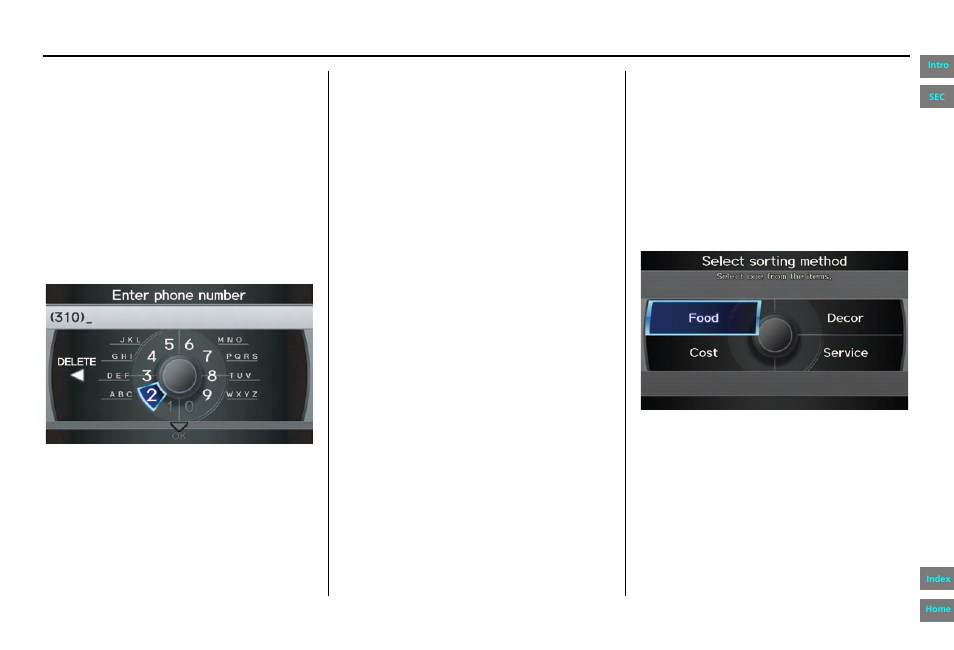 By place phone number, By zagat® 2012, Navigation system manual | Entering a destination | HONDA 2013 Pilot Navigation User Manual | Page 43 / 178