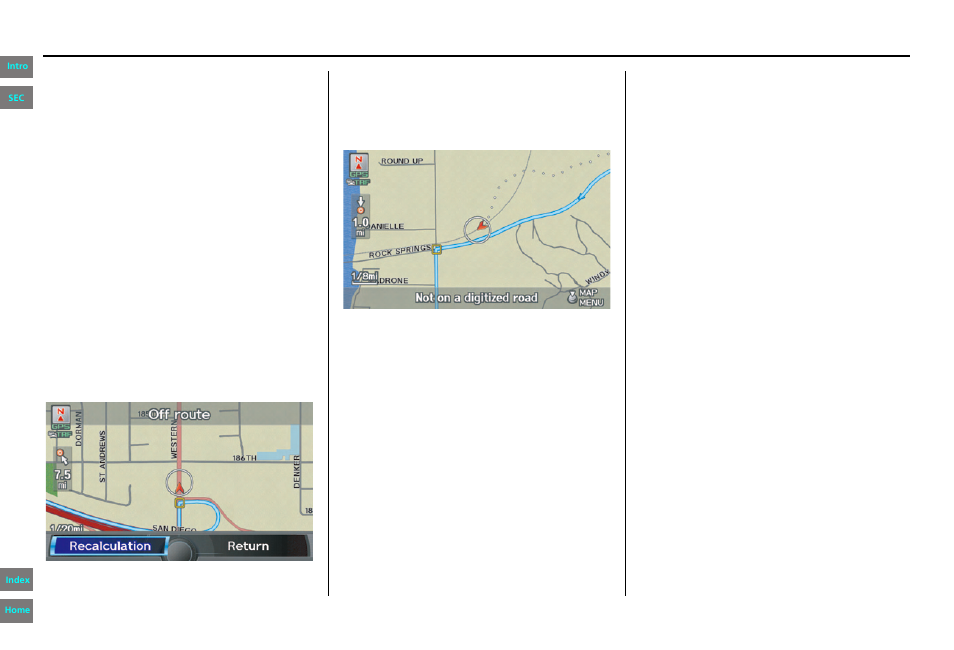 Going off the route, Off-road tracking, Navigation system manual | Driving to your destination | HONDA 2013 Pilot Navigation User Manual | Page 70 / 178