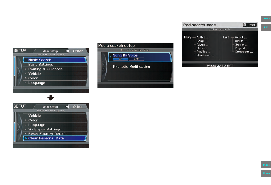 Setup screen (other), Music search, Navigation system manual | System setup | HONDA 2013 Pilot Navigation User Manual | Page 97 / 178