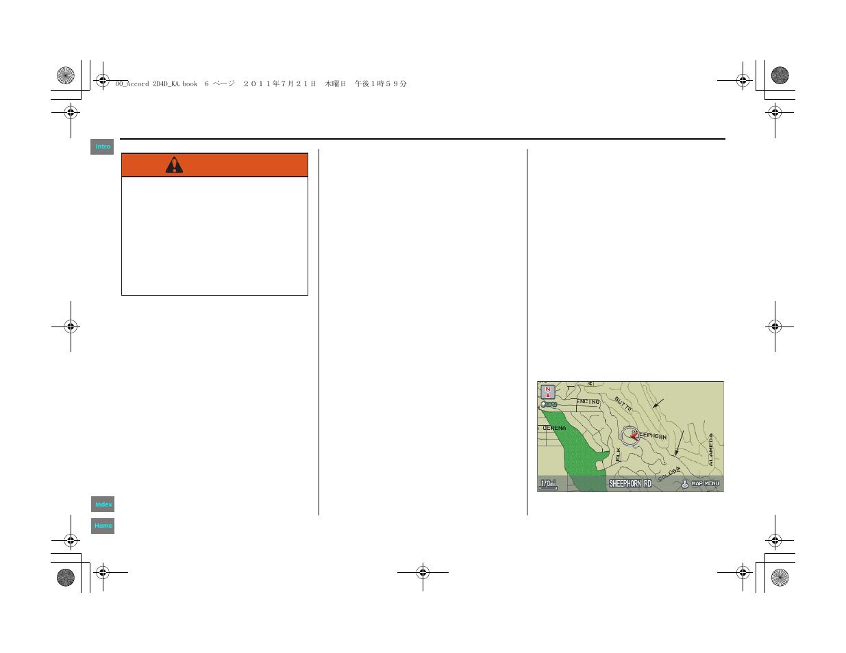 Map overview, Introduction, Warning | HONDA 2012 Accord Navigation User Manual | Page 6 / 156