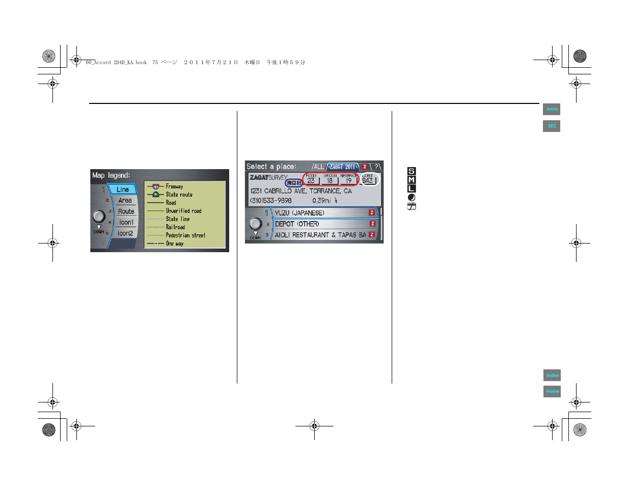 Map legend, Key to zagat ratings, Information features | HONDA 2012 Accord Navigation User Manual | Page 75 / 156