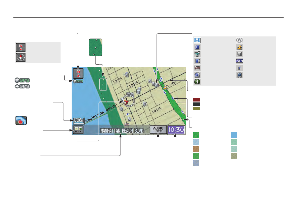 Getting started, Map screen legend | HONDA 2011 Civic Hybrid Navigation User Manual | Page 20 / 155