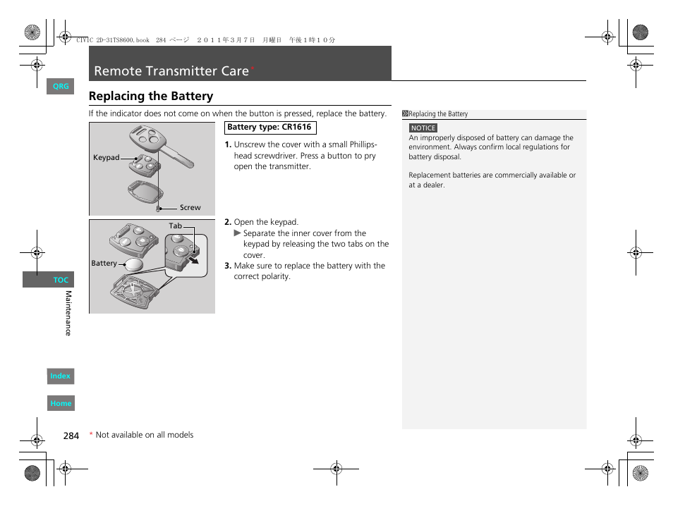 2 replacing the battery p. 284, Remote transmitter care, Replacing the battery | HONDA 2012 Civic Coupe User Manual | Page 285 / 339