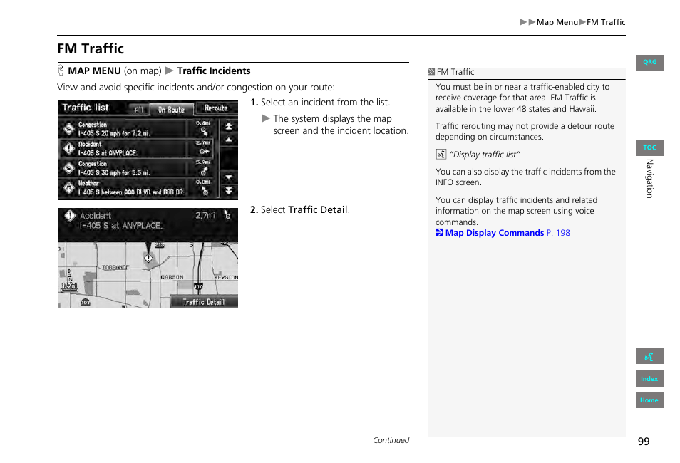 Fm traffic, P99), Indicator | 2 fm traffic, P. 99 | HONDA 2013 Civic Navigation User Manual | Page 100 / 212