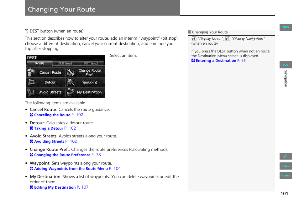 Changing your route, Changing, Your | Route, 2 changing your route p. 101 | HONDA 2013 Civic Navigation User Manual | Page 102 / 212