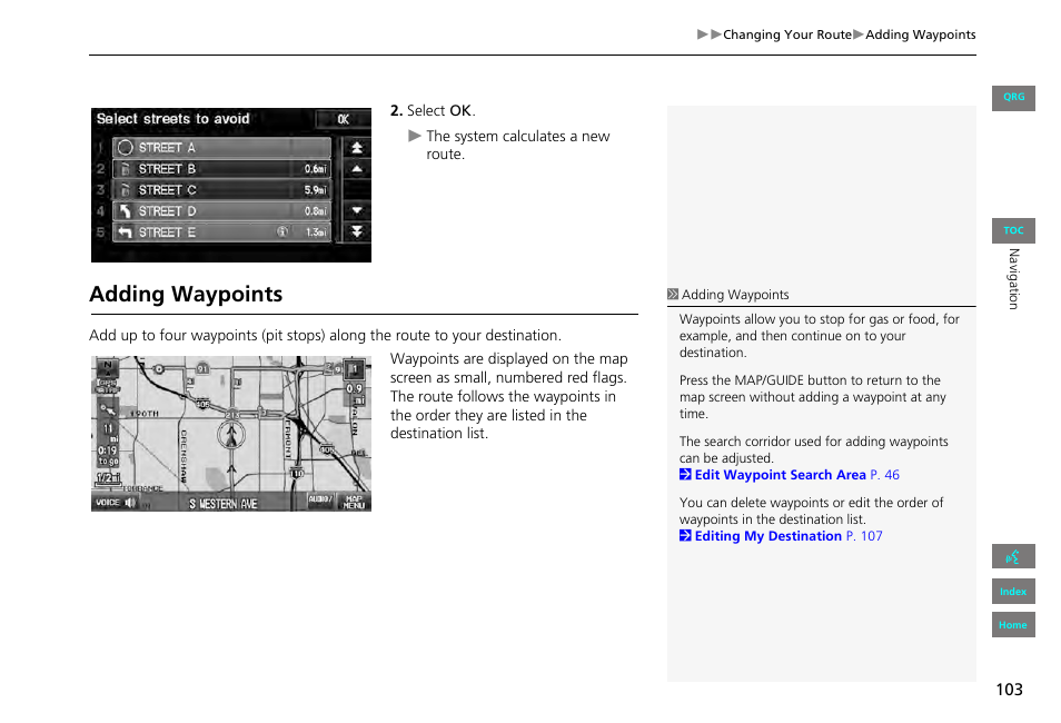 Adding waypoints, P103), Route | HONDA 2013 Civic Navigation User Manual | Page 104 / 212