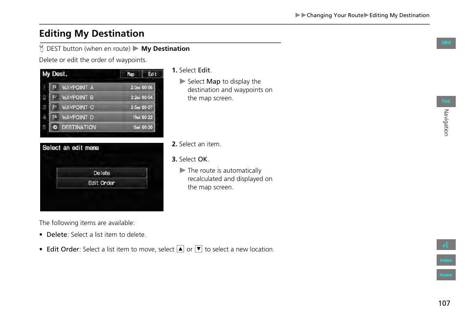 Editing my destination, 2 editing my destination p. 107, 2 editing my destination | P. 107 | HONDA 2013 Civic Navigation User Manual | Page 108 / 212