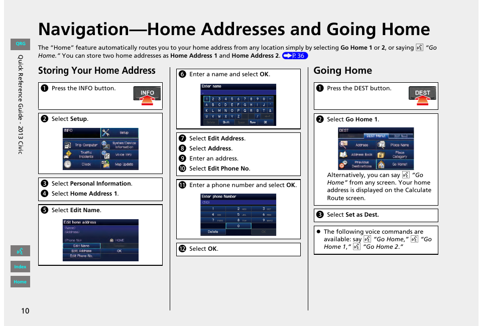 Navigation-home addresses and going home, P10), Navigation—home addresses and going home | Storing your home address, Going home | HONDA 2013 Civic Navigation User Manual | Page 11 / 212