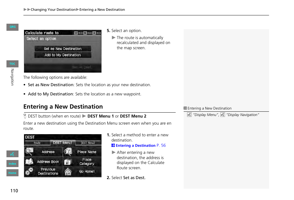 Entering a new destination, P110) | HONDA 2013 Civic Navigation User Manual | Page 111 / 212