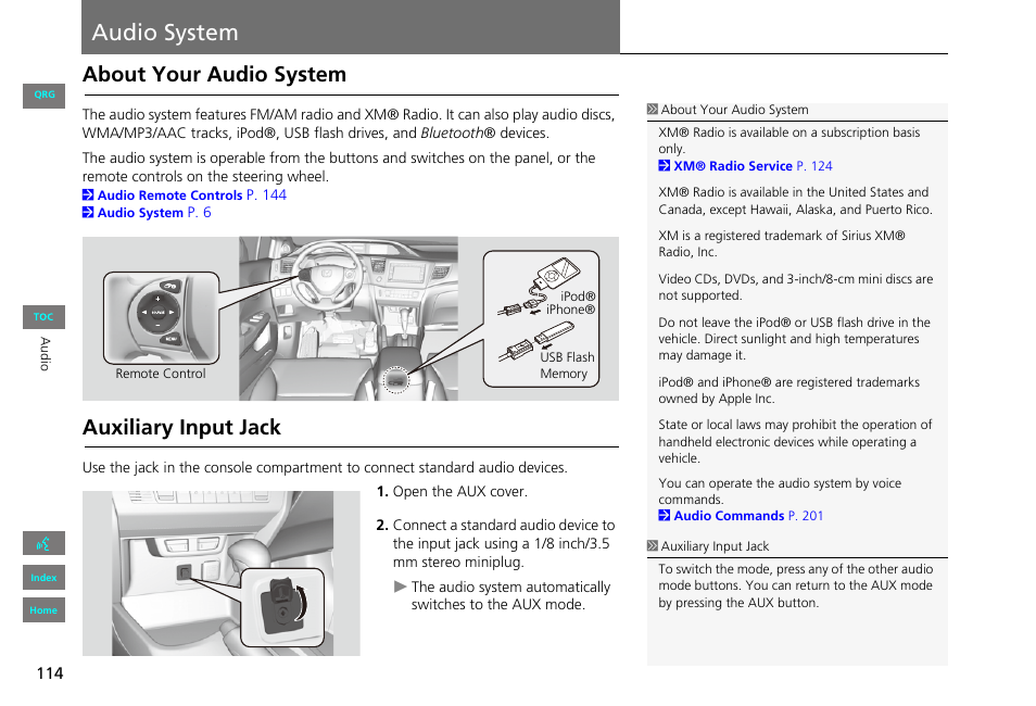 Audio system, About your audio system, Auxiliary input jack | Tem 1 | HONDA 2013 Civic Navigation User Manual | Page 115 / 212