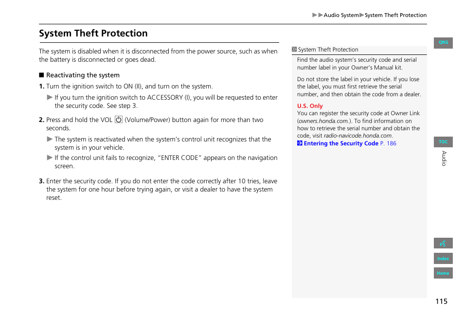 System theft protection | HONDA 2013 Civic Navigation User Manual | Page 116 / 212