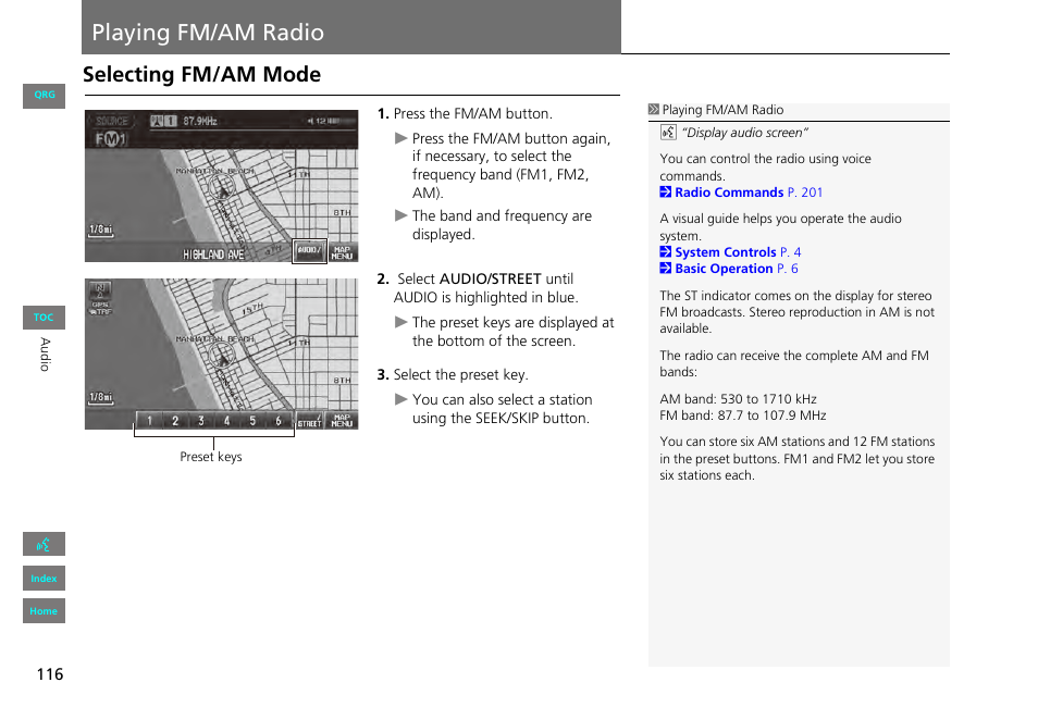 Playing fm/am radio, Selecting fm/am mode, Radio | P116), Tton | HONDA 2013 Civic Navigation User Manual | Page 117 / 212