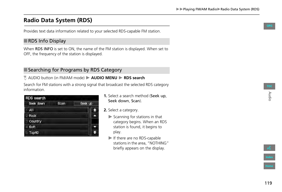 Radio data system (rds), 2 searching for programs by rds category, P. 119 | 2 rds info display | HONDA 2013 Civic Navigation User Manual | Page 120 / 212