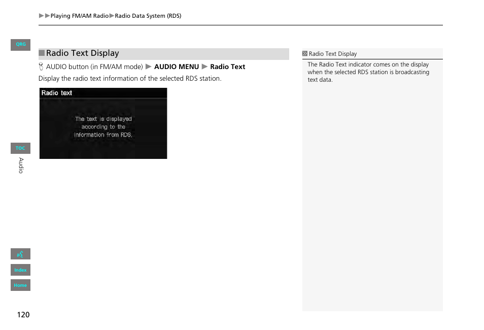 2 radio text display, P. 120, Radio text display | HONDA 2013 Civic Navigation User Manual | Page 121 / 212
