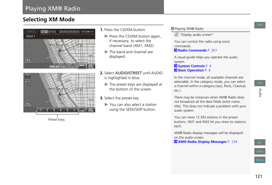 Playing xm® radio, Selecting xm mode, Radio | P121) | HONDA 2013 Civic Navigation User Manual | Page 122 / 212