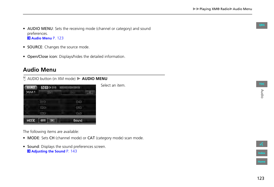 Audio menu | HONDA 2013 Civic Navigation User Manual | Page 124 / 212