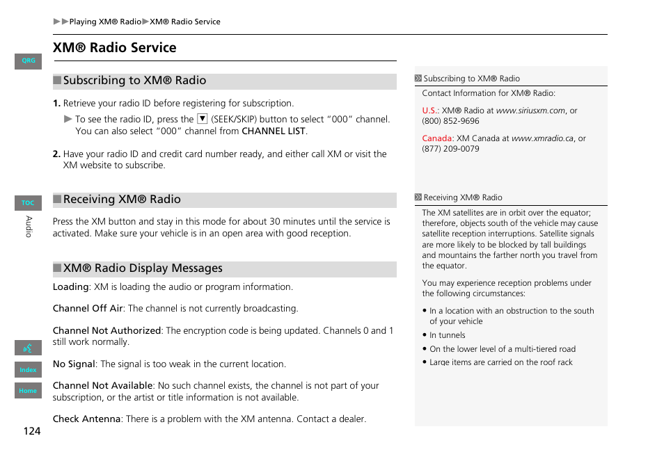 Xm® radio service, 2 xm® radio service p. 124, 2 xm® radio display messages p. 124 | HONDA 2013 Civic Navigation User Manual | Page 125 / 212