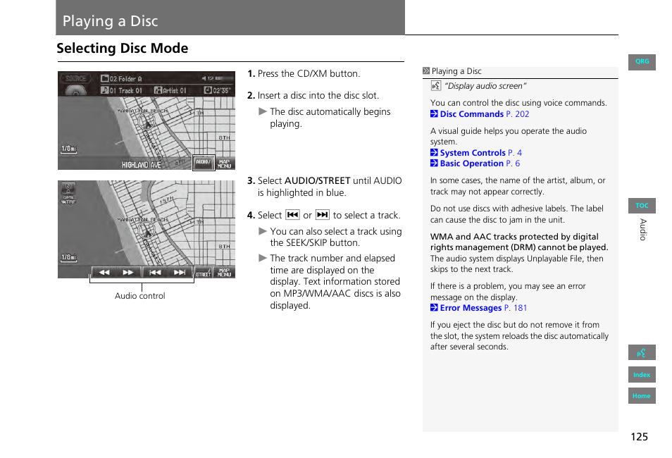 Playing a disc, Selecting disc mode, P125) | Playing, Disc | HONDA 2013 Civic Navigation User Manual | Page 126 / 212