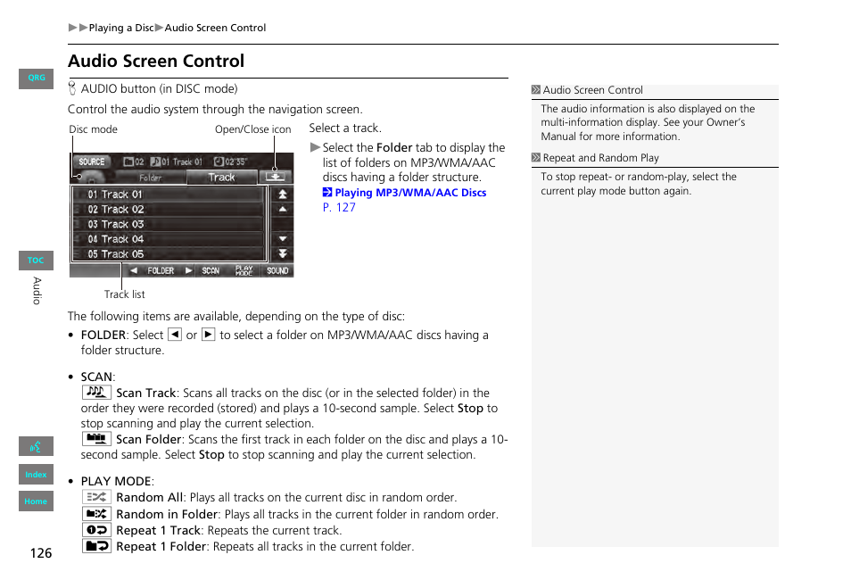Audio screen control | HONDA 2013 Civic Navigation User Manual | Page 127 / 212