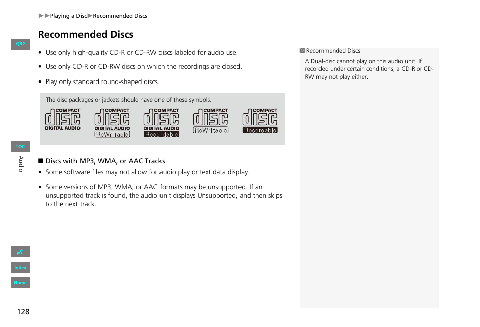 Recommended discs | HONDA 2013 Civic Navigation User Manual | Page 129 / 212