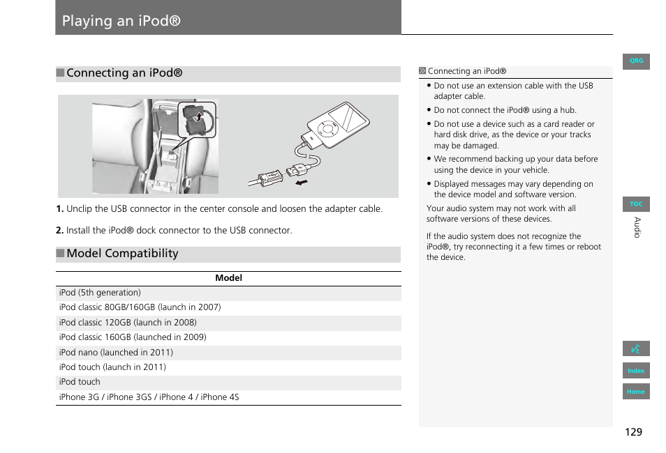 Playing an ipod, P129) | HONDA 2013 Civic Navigation User Manual | Page 130 / 212