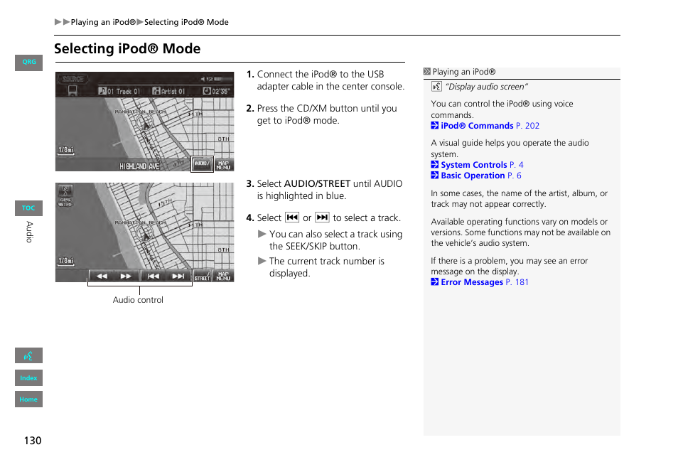Selecting ipod® mode | HONDA 2013 Civic Navigation User Manual | Page 131 / 212