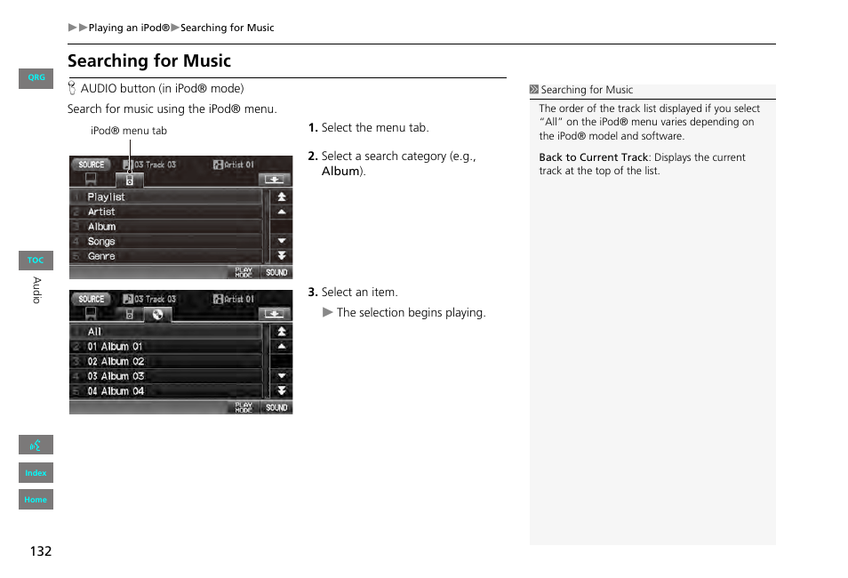 Searching for music, 2 searching for music, P. 132 | HONDA 2013 Civic Navigation User Manual | Page 133 / 212