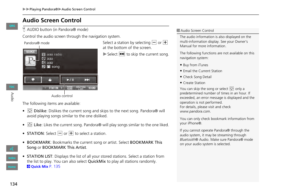 Audio screen control | HONDA 2013 Civic Navigation User Manual | Page 135 / 212