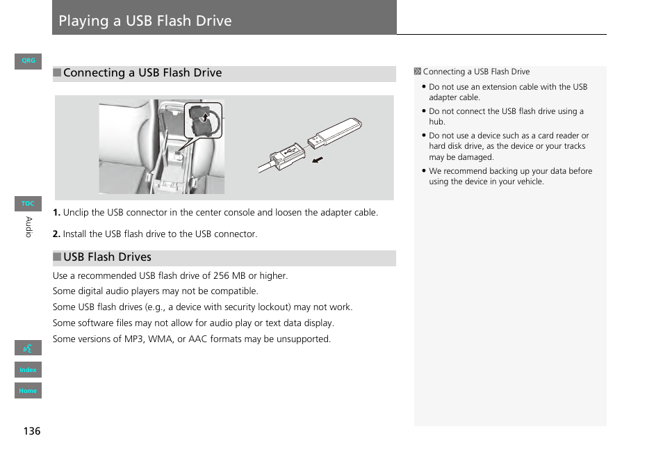 Playing a usb flash drive, P136) | HONDA 2013 Civic Navigation User Manual | Page 137 / 212