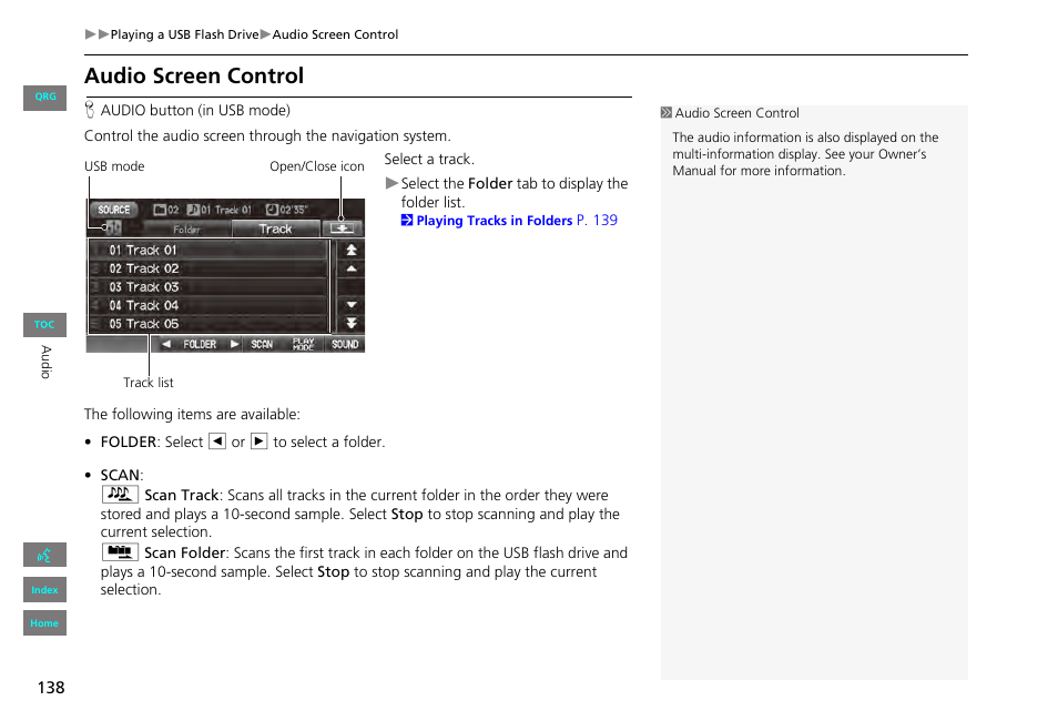 Audio screen control | HONDA 2013 Civic Navigation User Manual | Page 139 / 212