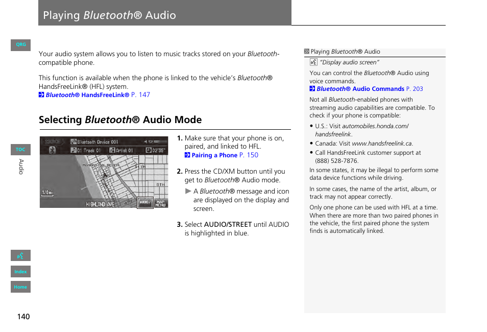 Playing bluetooth® audio, Selecting bluetooth® audio mode, P140) | Playing bluetooth ® audio, 2 playing bluetooth ® audio p. 140, Selecting bluetooth ® audio mode | HONDA 2013 Civic Navigation User Manual | Page 141 / 212