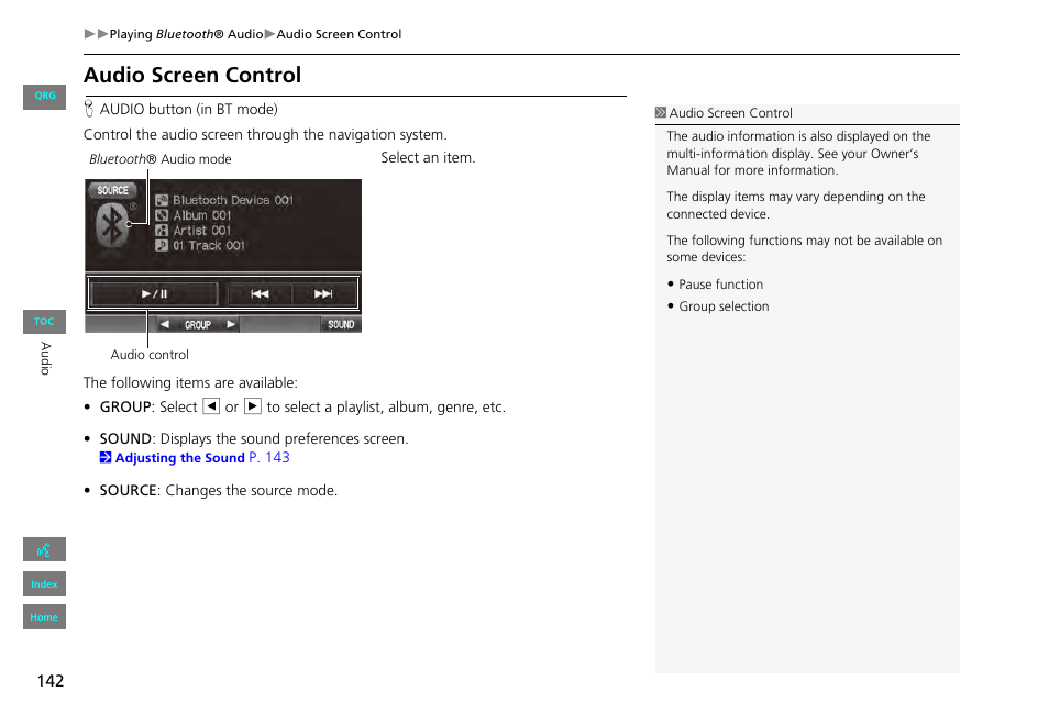 Audio screen control | HONDA 2013 Civic Navigation User Manual | Page 143 / 212