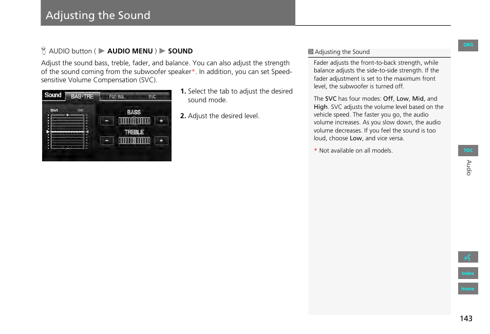 Adjusting the sound, 2 adjusting the sound, P. 143 | HONDA 2013 Civic Navigation User Manual | Page 144 / 212