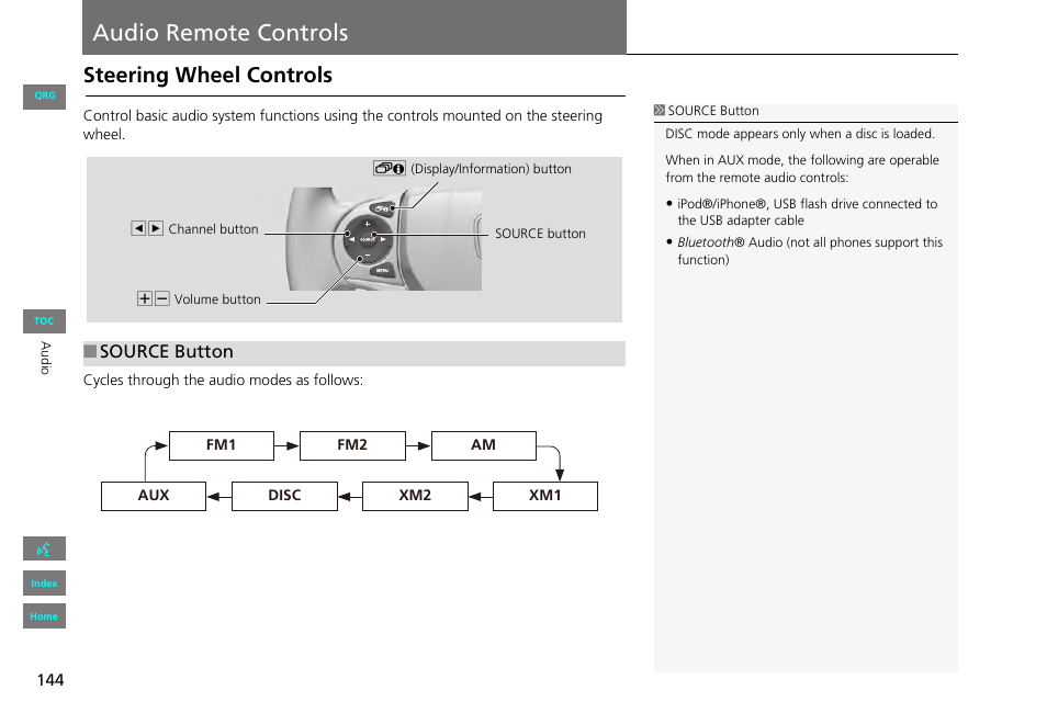 Audio remote controls, Steering wheel controls, P144) | 2 audio remote controls, P. 144 | HONDA 2013 Civic Navigation User Manual | Page 145 / 212