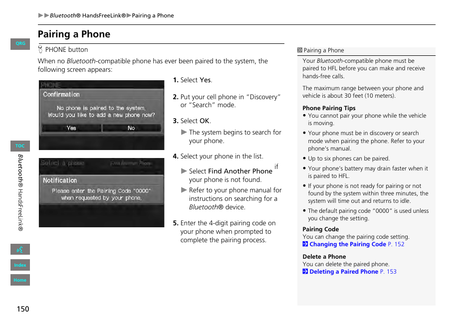Pairing a phone, A phone, 2 pairing a phone | P. 150 | HONDA 2013 Civic Navigation User Manual | Page 151 / 212