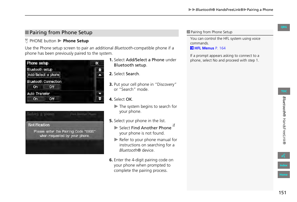 Pairing from phone setup | HONDA 2013 Civic Navigation User Manual | Page 152 / 212