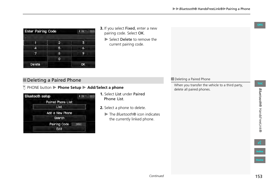 2 deleting a paired phone p. 153, Deleting a paired phone | HONDA 2013 Civic Navigation User Manual | Page 154 / 212