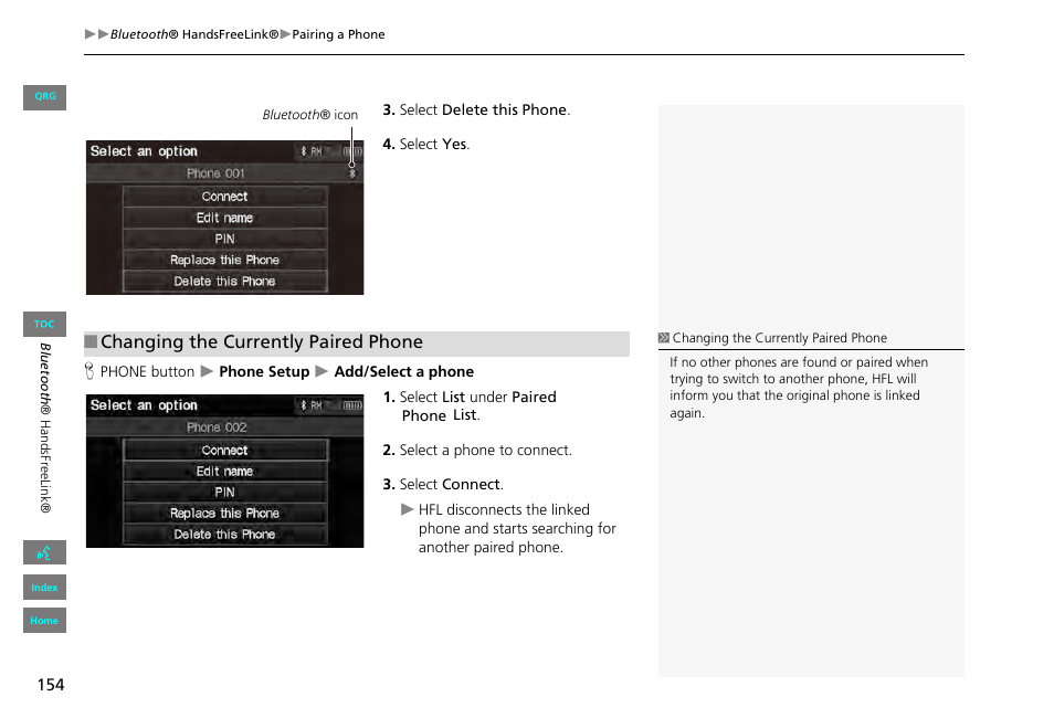 Changing the currently paired phone | HONDA 2013 Civic Navigation User Manual | Page 155 / 212