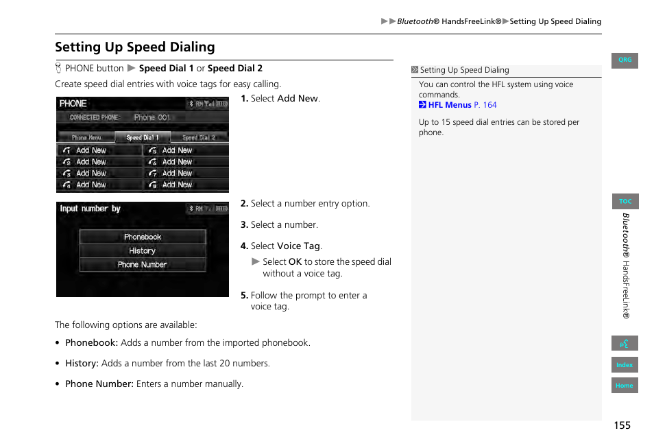 Setting up speed dialing, 2 setting up speed dialing, P. 155 | HONDA 2013 Civic Navigation User Manual | Page 156 / 212