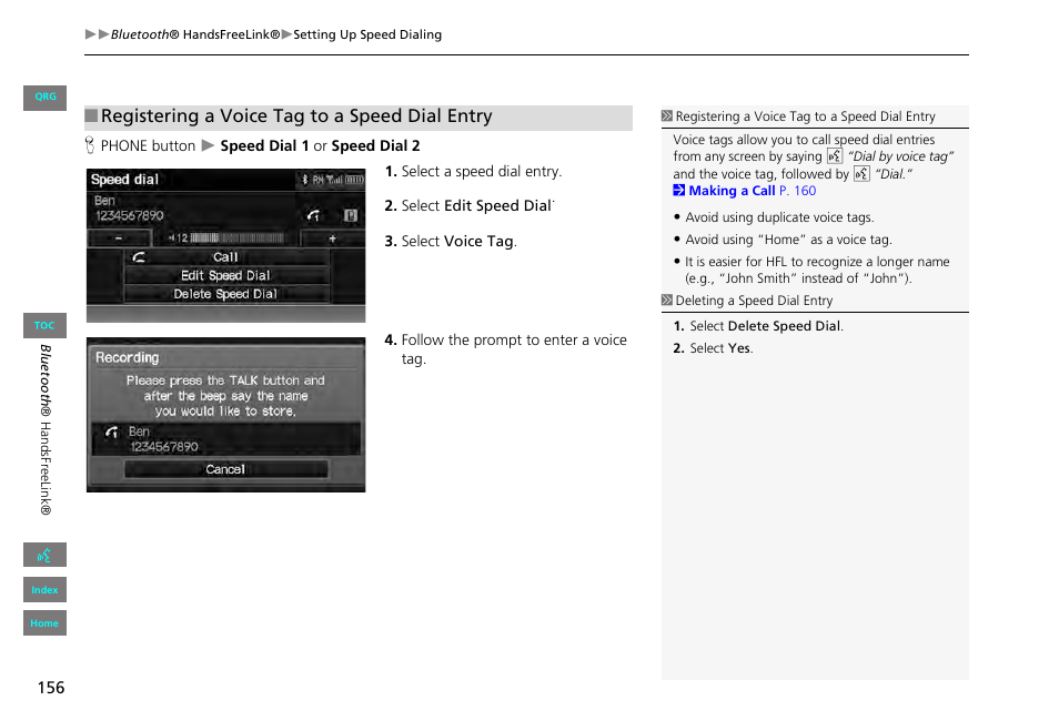 Registering a voice tag to a speed dial entry | HONDA 2013 Civic Navigation User Manual | Page 157 / 212