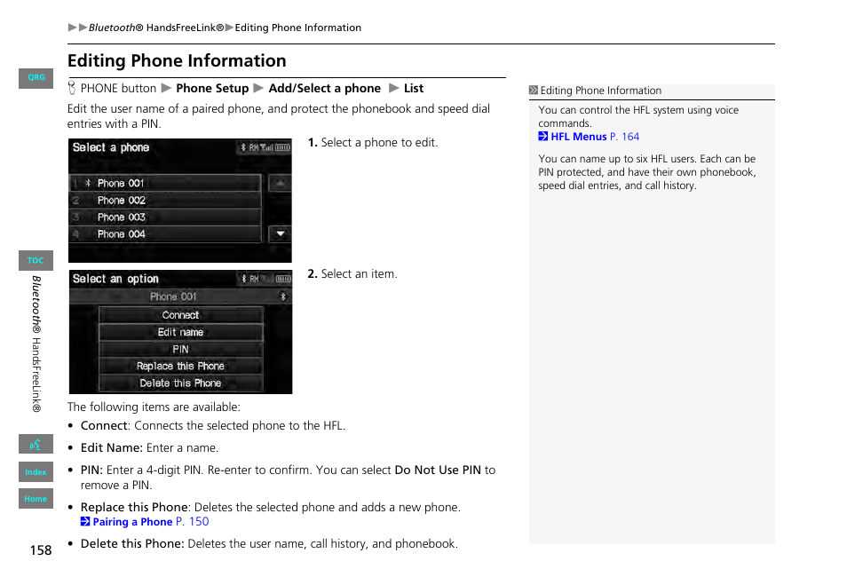 Editing phone information, Rmation | HONDA 2013 Civic Navigation User Manual | Page 159 / 212