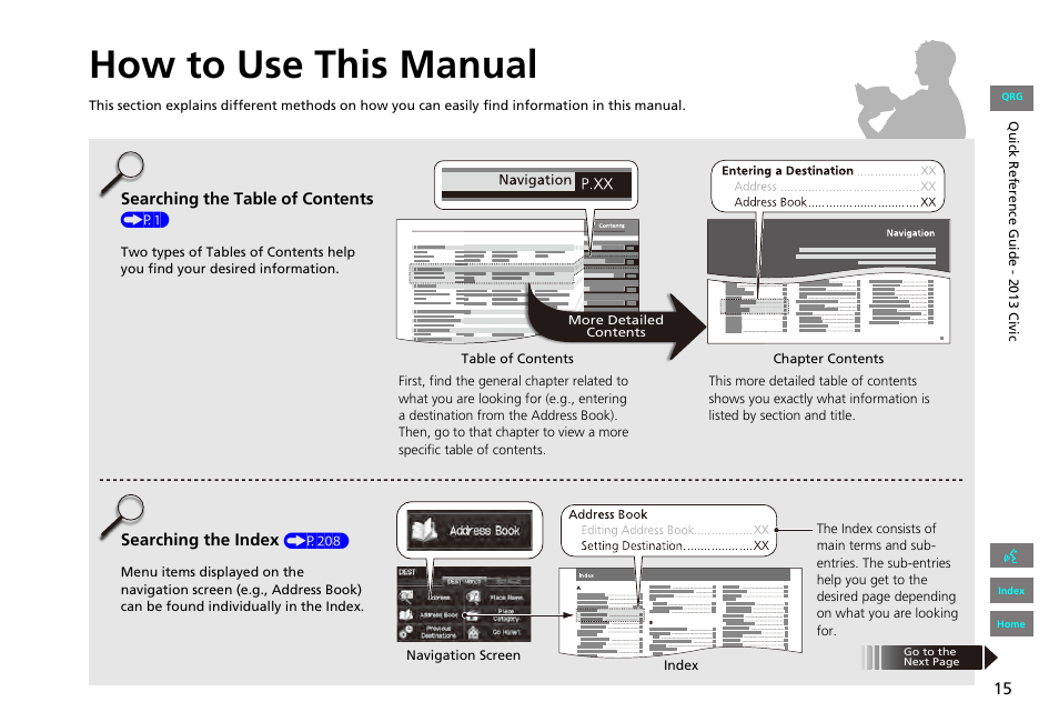 How to use this manual | HONDA 2013 Civic Navigation User Manual | Page 16 / 212
