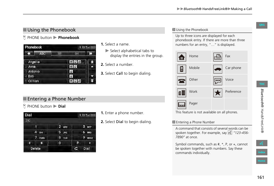 2 using the phonebook, P. 161, 2 entering a phone number | Using the phonebook, Entering a phone number | HONDA 2013 Civic Navigation User Manual | Page 162 / 212
