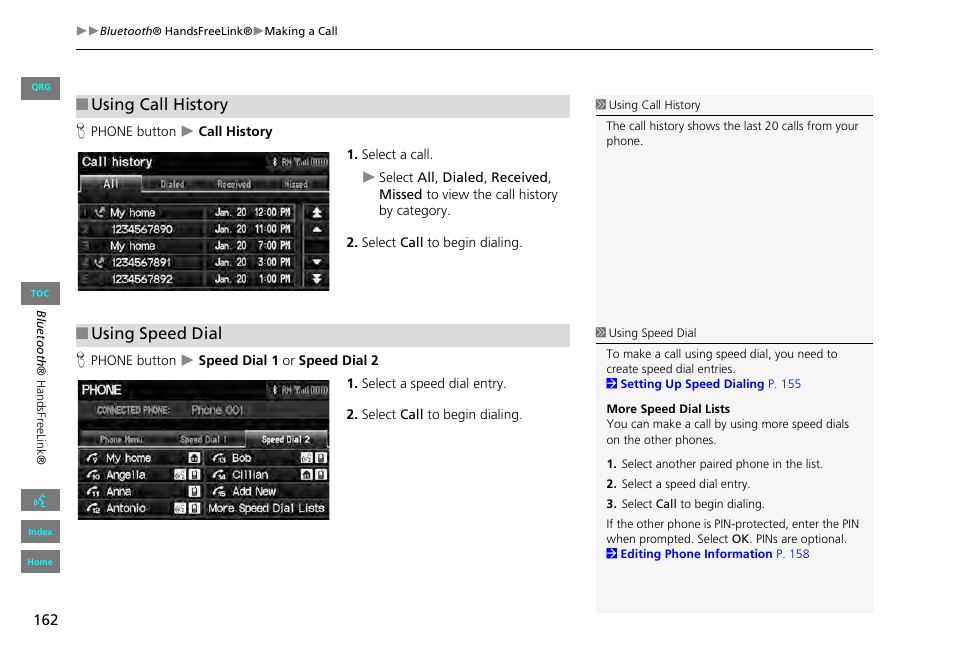 2 using call history, P. 162, 2 using speed dial | Using call history, Using speed dial | HONDA 2013 Civic Navigation User Manual | Page 163 / 212