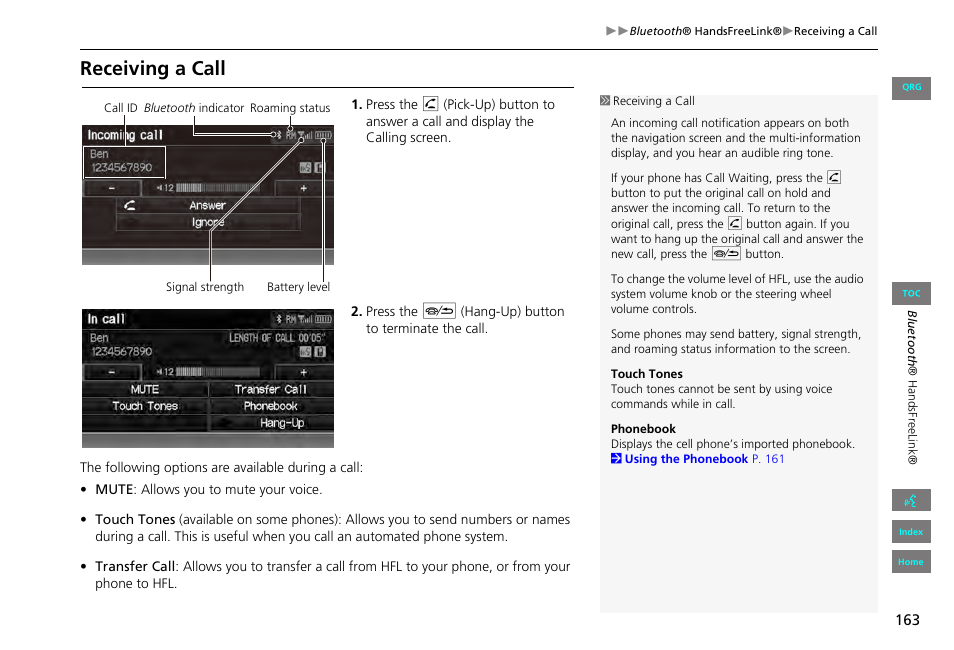 Receiving a call, P163) | HONDA 2013 Civic Navigation User Manual | Page 164 / 212