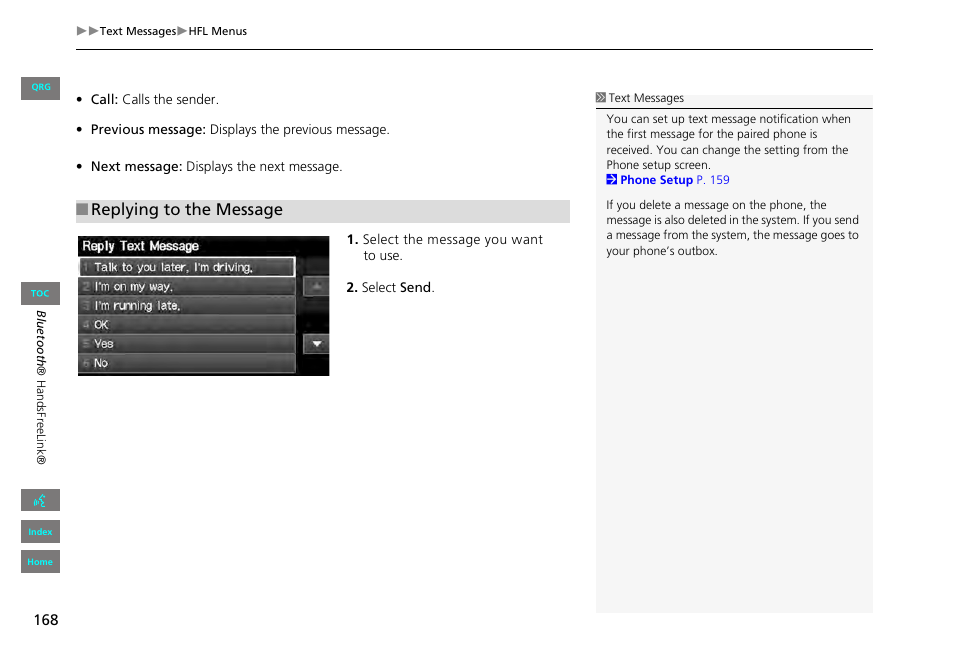 2 replying to the message, P. 168, Replying to the message | HONDA 2013 Civic Navigation User Manual | Page 169 / 212